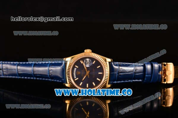 Rolex Day-Date Asia 2813/Swiss ETA 2836/Clone Rolex 3135 Automatic Yellow Gold Case with Stick Markers and Blue Dial (BP) - Click Image to Close